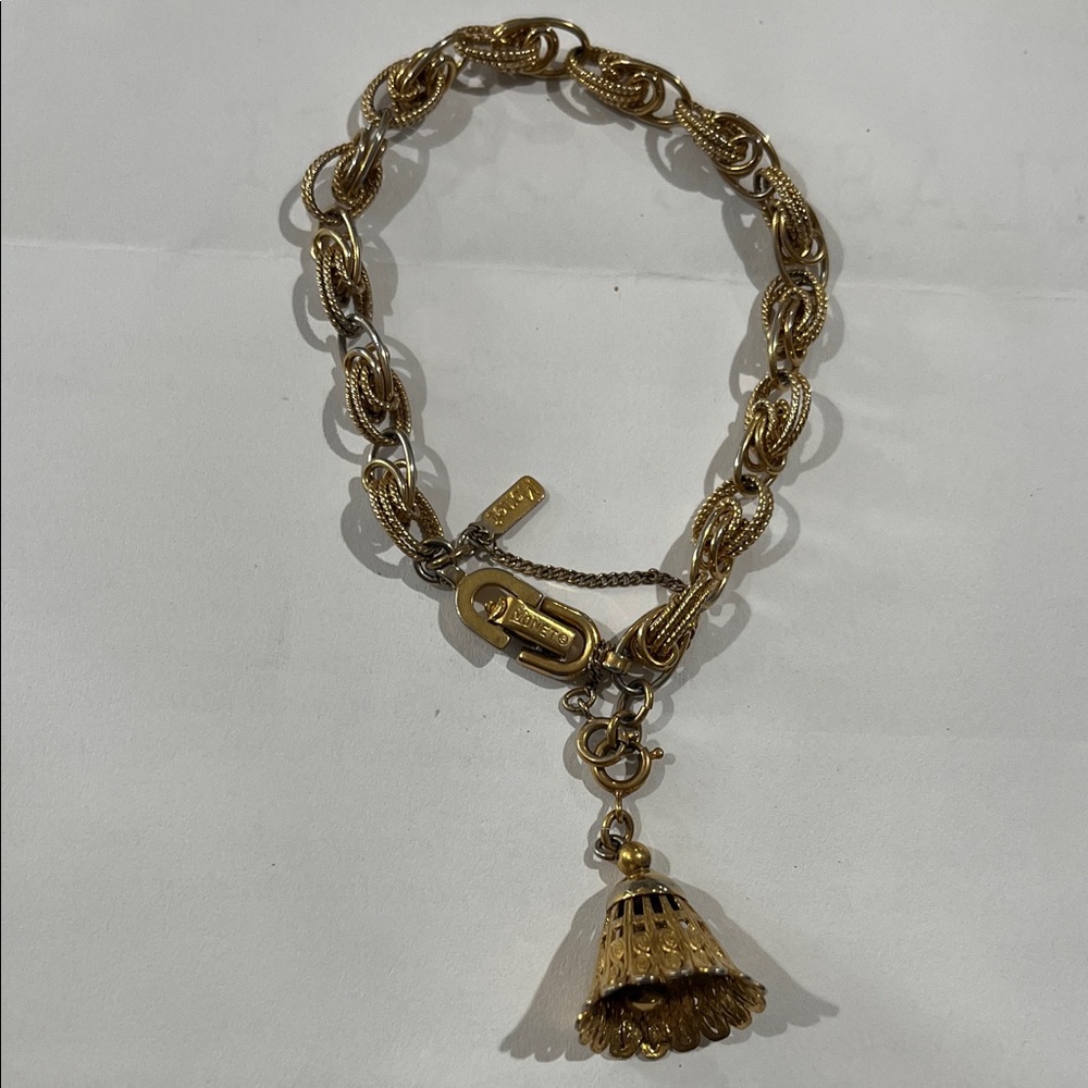 Vintage Monet Elegant Gold Chain Bracelet with Tassel Charm.